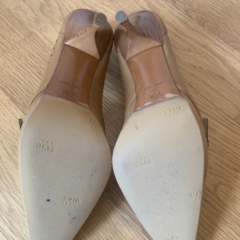 Prada Tan Leather Pointed Toe Heels with Perforated Detailing - Picture 6 of 6